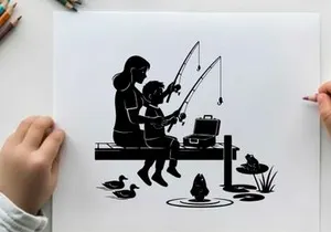 Silhouette of woman and child fishing by serene lake