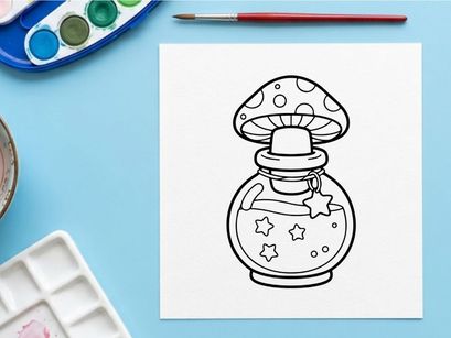 Mushroom potion bottle coloring page. Magic elixir jar with stars for kids activity.