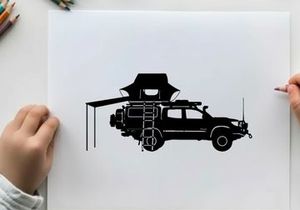 Silhouette of a car with rooftop tent and awning
