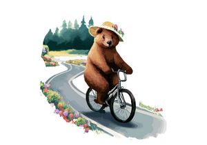 Bear riding a bike in floral countryside road, isolated in white background.