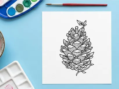 Decorative pine cone illustration for seasonal design. Artistic botanical drawing for crafts and decor projects.