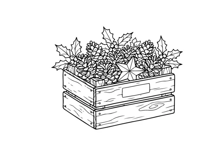 Hand-drawn wooden gift box overflowing with festive Christmas tree shavings and curls