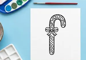 Christmas candy cane line art illustration with a decorative bow for holiday design projects