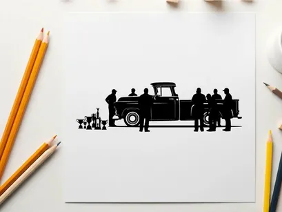 Silhouette of people standing around a classic pickup truck
