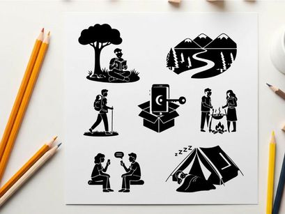 Silhouette illustrations of people camping and outdoor activities silhouette