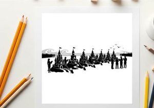 Silhouette of people and snowmobiles in a winter landscape