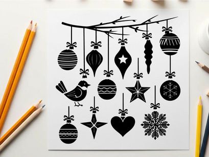 Christmas ornaments silhouette hanging from tree branch