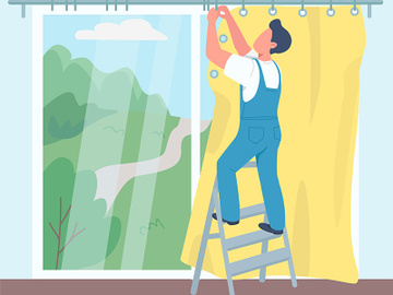 Man hanging curtains flat color vector illustration preview picture