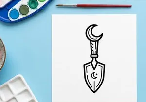 Halloween spooky shield with crescent moon and dagger. Gothic emblem for dark fantasy and horror themes.
