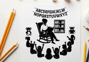 Silhouette of teacher reading to children in classroom with alphabet