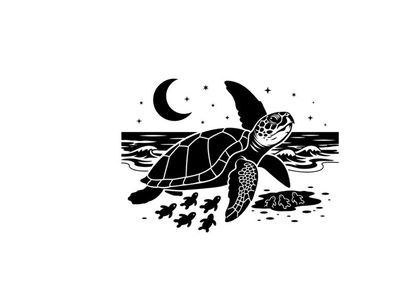 Silhouette of a sea turtle swimming under a crescent moon
