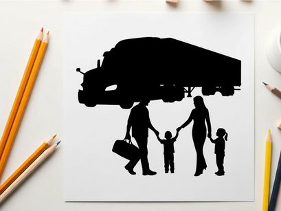 Family silhouette with parents and children under a moving truck silhouette