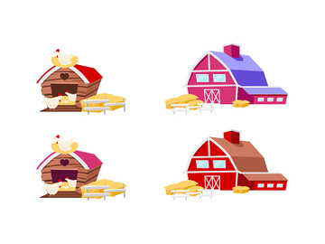 Barns and chicken coops flat color vector objects set preview picture