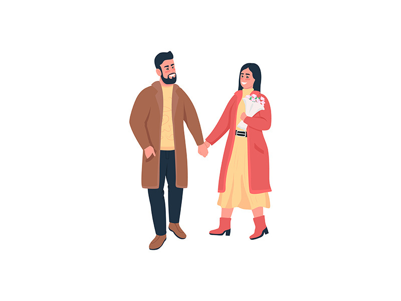 Happy couple holding hands on winter walk flat color vector detailed characters