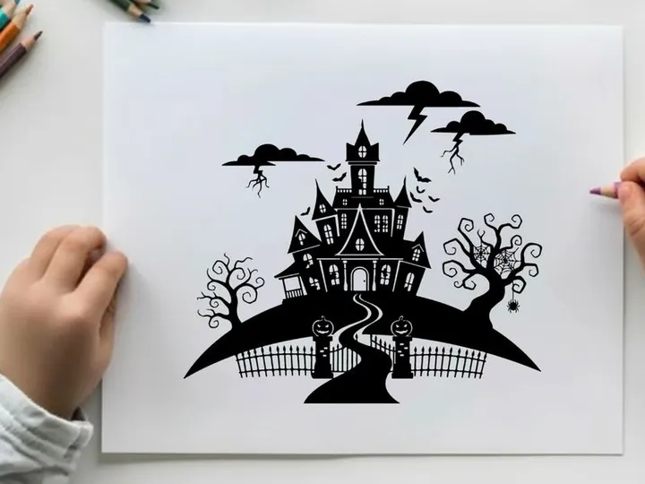 Spooky silhouette of a haunted house on a hill with trees and fence