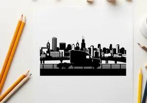 City skyline silhouette with truck on bridge