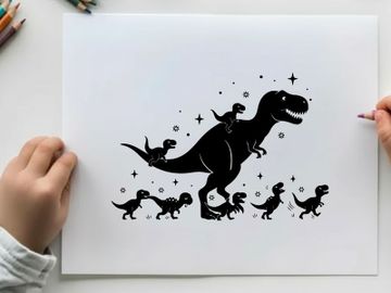 Silhouette of a t rex and baby dinosaurs in space preview picture