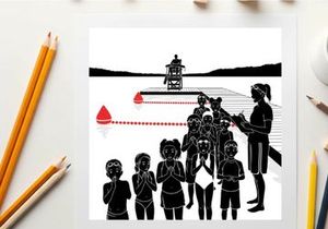 Silhouette of children and teacher near a body of water with a lighthouse silhouette