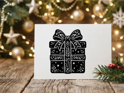 Black and white Christmas gift box with bow and festive decorations