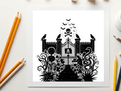 Silhouette of a haunted gate with skull and crossbones