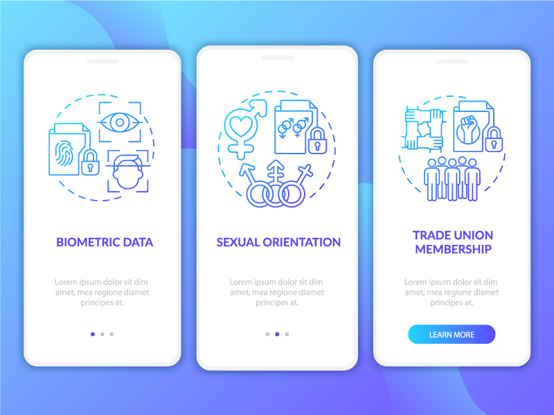 Examples of personal data blue gradient onboarding mobile app screen