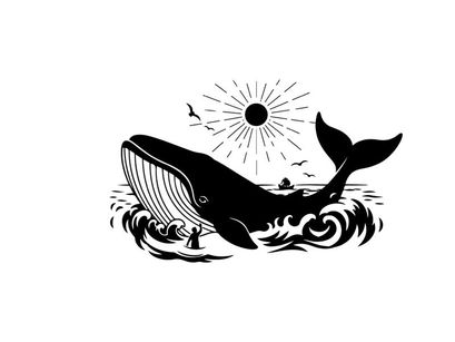 Whale silhouette swimming under sunny ocean waves