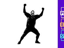 A man in a triumphant pose with arms raised in victory and a joyful expression