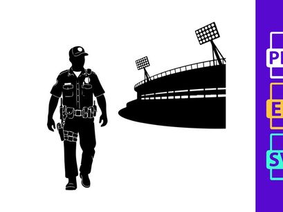 Police officer walking towards stadium with bright floodlights at night