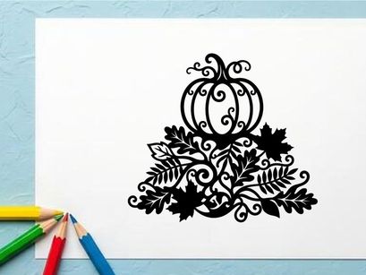 Decorative Halloween Pumpkin with Swirling Design and Leaves