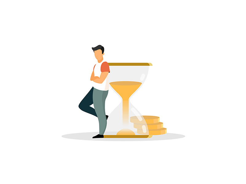 Man, person, human, businessman, male, ceo, adult leaning on sandglass flat vector illustration