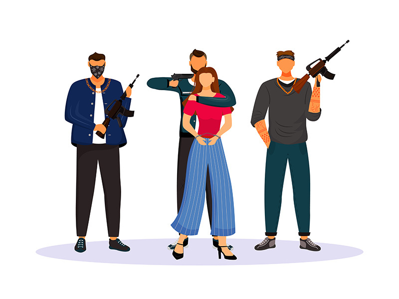 Criminal grouping with tied hostage flat color vector faceless character