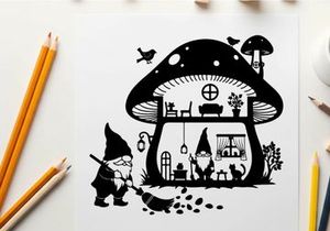 Whimsical silhouette of a gnome near a mushroom house with birds