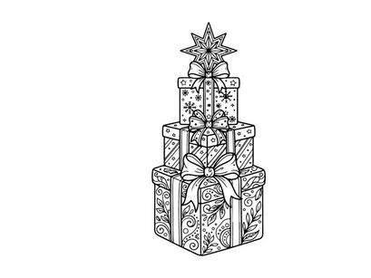 Caixas de presente de Natal empilhadas com topo de estrela, ilustração em arte de linha preto e branco.