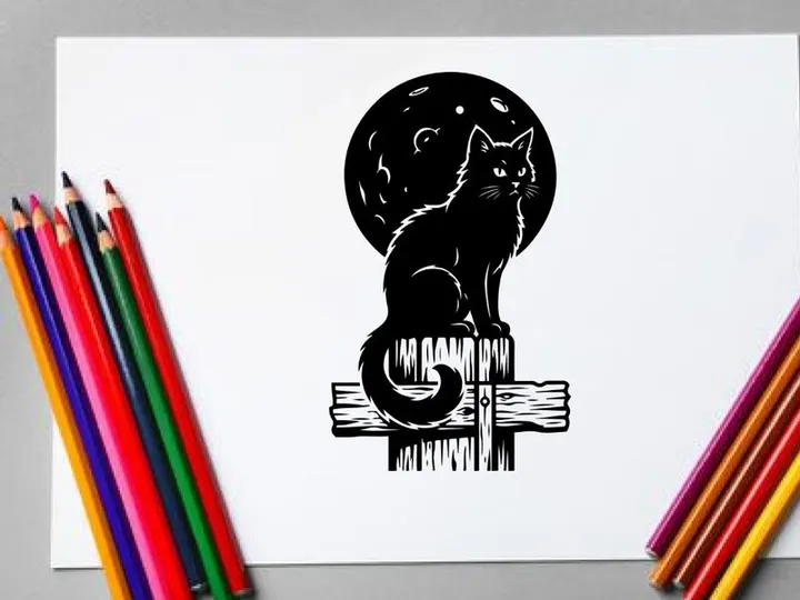 Black Cat Sitting on Wooden Post Under Full Moon