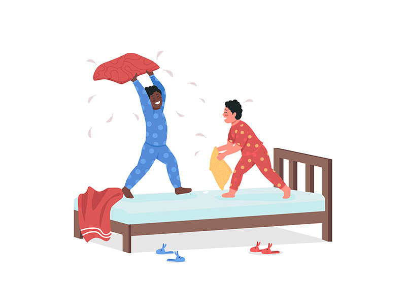 Children having pillow fight flat color vector detailed character