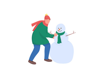Man build snowman flat color vector faceless character preview picture