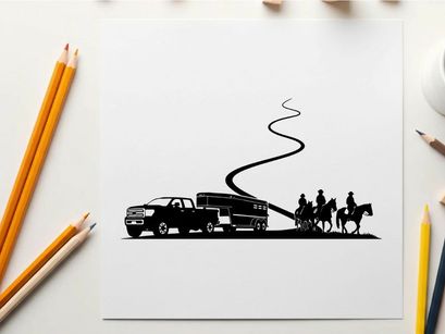 Silhouette of a truck towing a horse trailer with riders in a unique combination