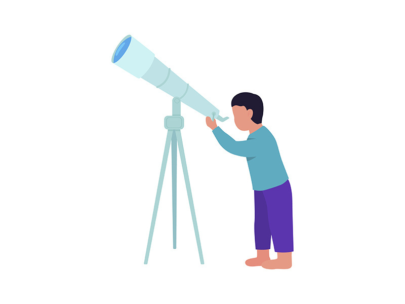 Little boy stargazing with telescope semi flat color vector character