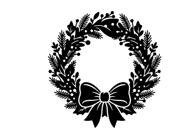 Black Christmas wreath silhouette with bow isolated on white background
