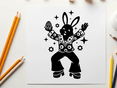 Disco dancing bunny silhouette in floral jumpsuit with easter egg