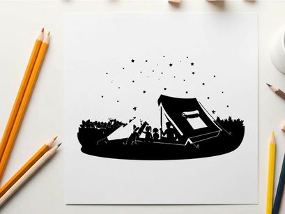 Silhouette of people camping outdoors at night