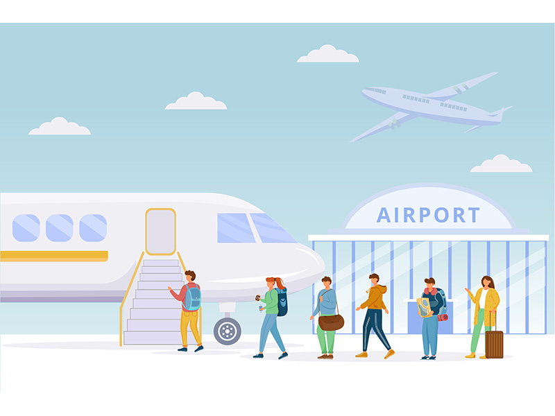 Passengers boarding plane flat vector illustration