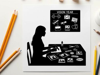 Silhouette of woman creating vision board with various images and objects silhouette