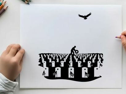 Silhouette of a person in a graveyard with a bird flying overhead silhouette