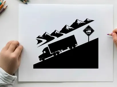 Truck driving down a mountain road in silhouette