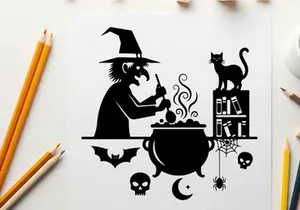 Silhouette of witch stirring cauldron with cat and halloween symbols