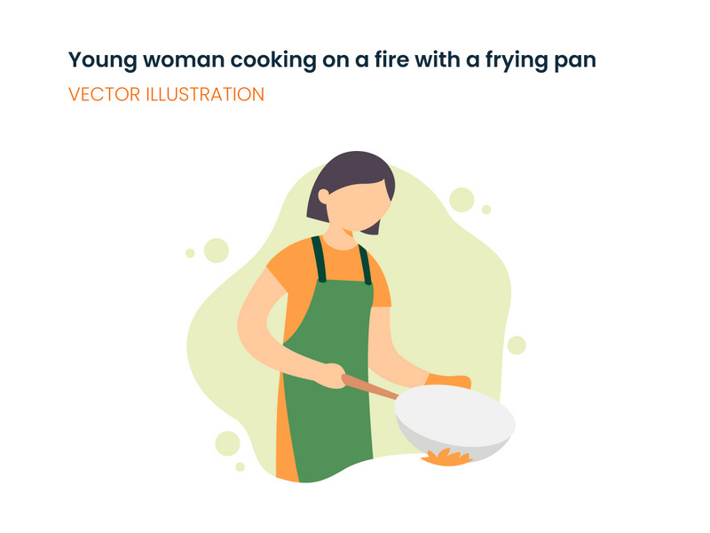 Young woman cooking on a fire with frying pan