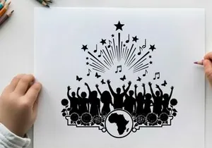 African silhouette of people celebrating with music and stars