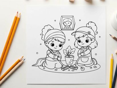 Children planting tree together flat design vector illustration