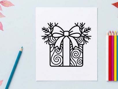 Elegant Christmas gift box with ornate bow and festive swirl patterns for holiday celebrations